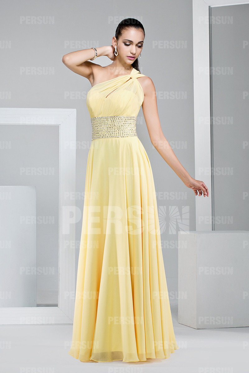 Modern One Shoulder Yellow Beading Floor Length Formal Dress
