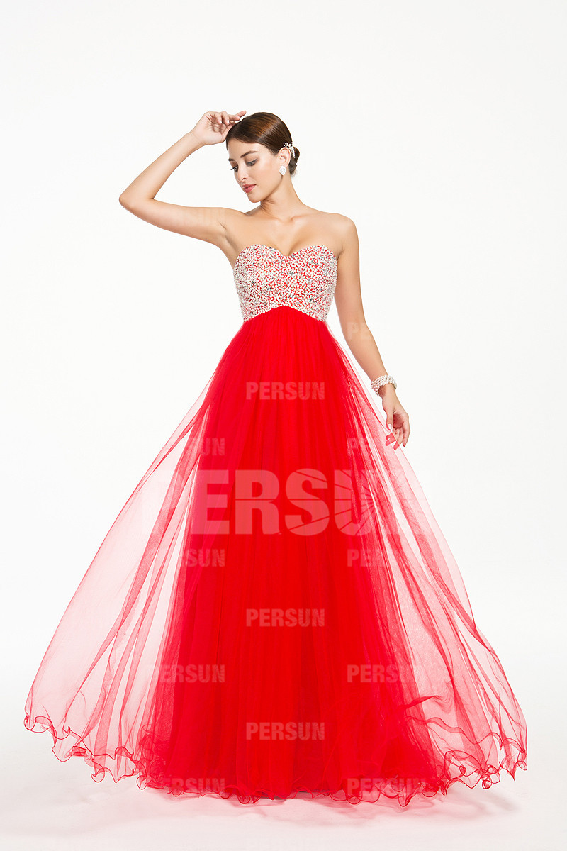 Chic Lace Up Red Beading Tulle Floor Length Formal Dress