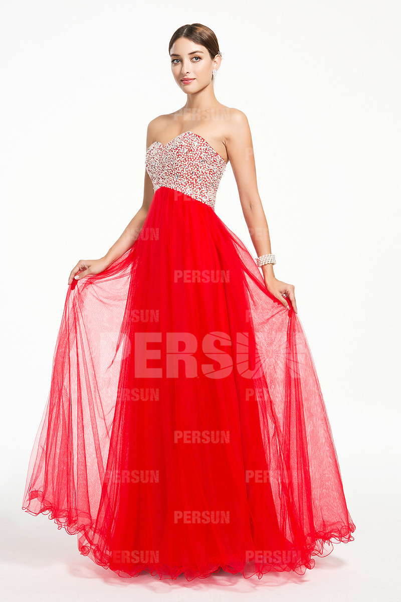 Chic Lace Up Red Beading Tulle Floor Length Formal Dress