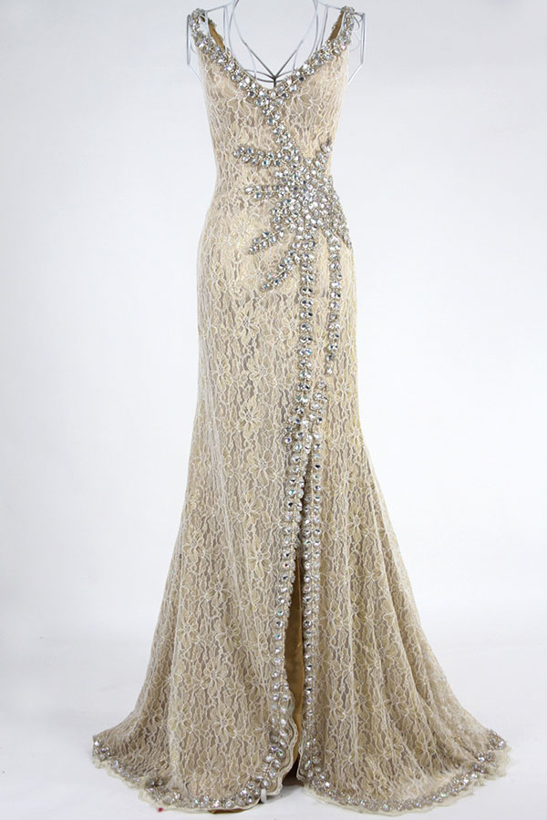 Gorgeous Side Slit Beading Lace Floor Length Formal Dress