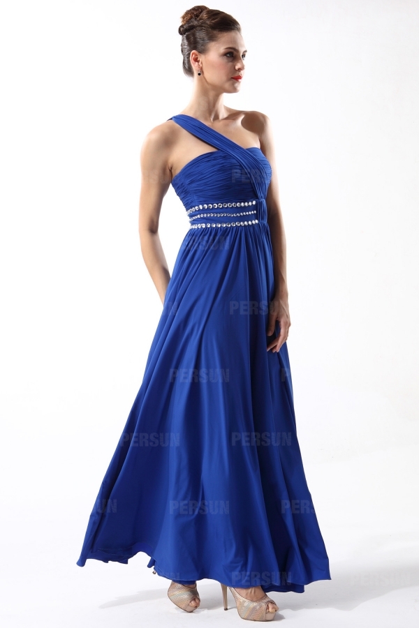 Chic Blue One Shoulder Chiffon A Line Ruched Formal Bridesmaid Dress