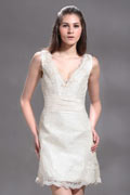 Sheath / Column Short / Mini V neck Lace Wedding Dress