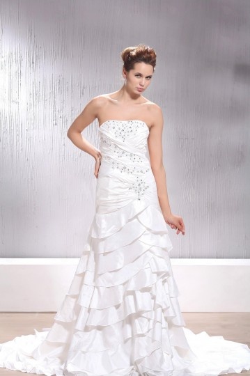 A Line Strapless Tiered Floor Length Wedding Dress