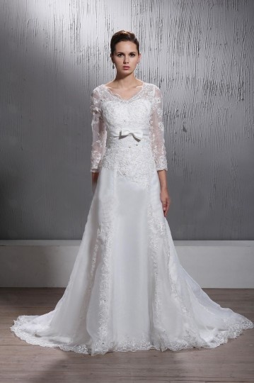 A Line V Neck Lace Long Sleeves Wedding Dress