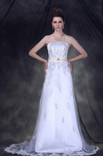 A Line Strapless Chapel Train Embroidery Wedding Dress