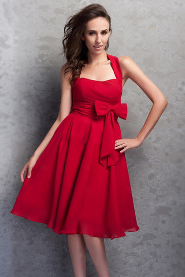 Chic Halter Bow Knee length Chiffon Red Bridesmaid Dress Persun