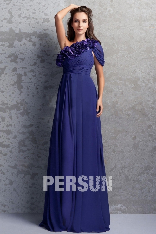 Elegant One Shoulder Chiffon Blue Flowers Formal Bridesmaid Dress
