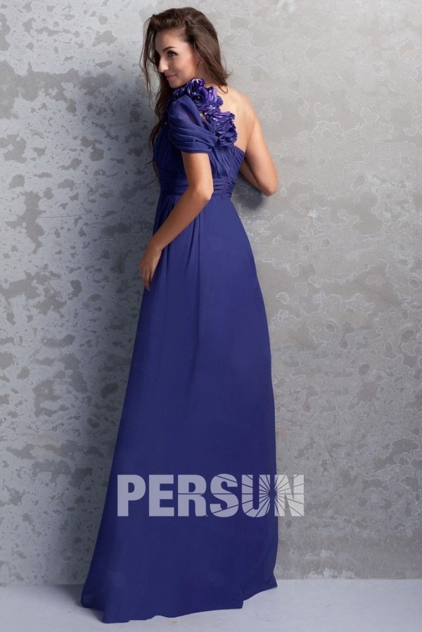 Elegant One Shoulder Chiffon Blue Flowers Formal Bridesmaid Dress