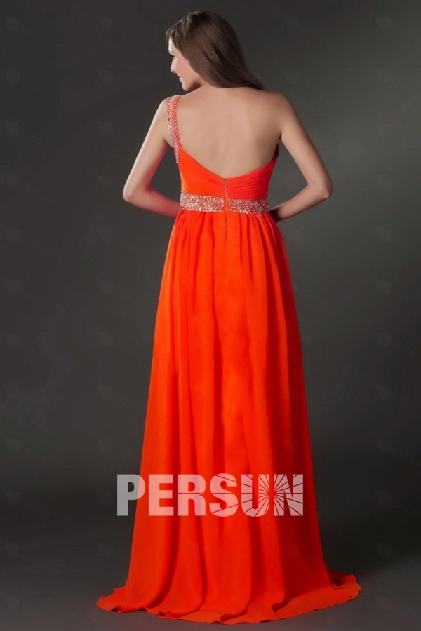 Luxury One Shoulder Orange Sequins High Split Long Cocktail Dress
