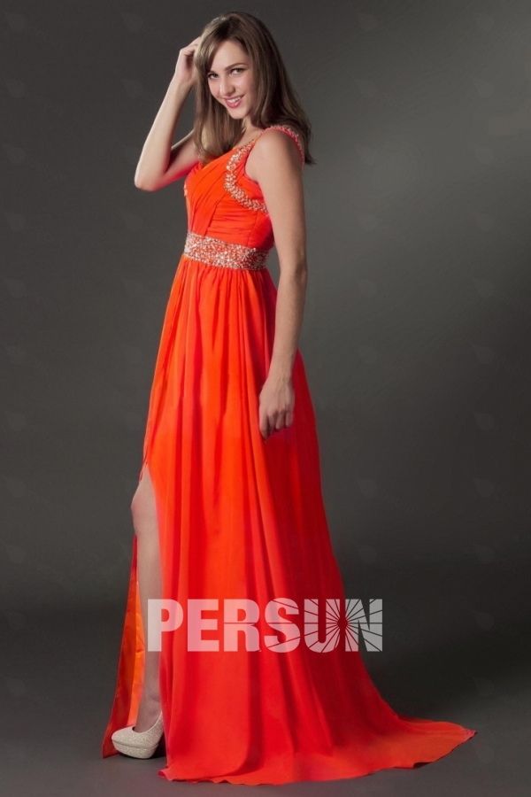 Luxury One Shoulder Orange Sequins High Split Long Cocktail Dress