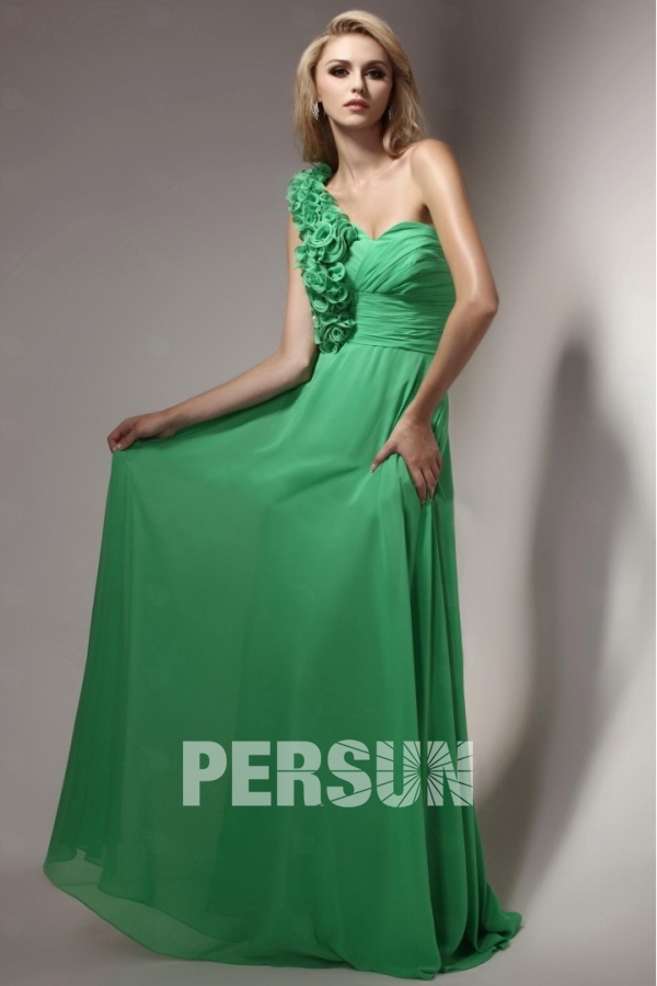 Elegant Green One Shoulder A Line Chiffon Flowers Formal Bridesmaid Dress