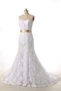 A line Sweetheart Bow Lace Court Train Wedding Dress