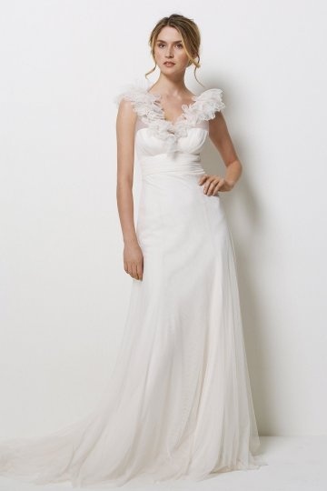 Elegant Flower V neck Court Train White Tulle Wedding Dress