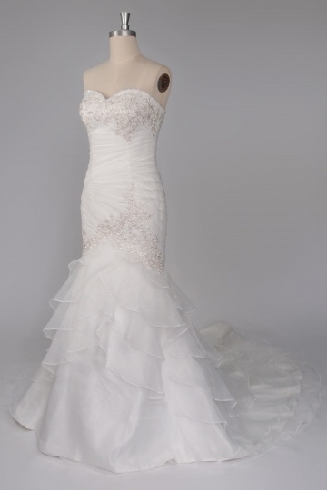 Strapless Ruched Ruffle Court Train Mermaid Wedding Dress