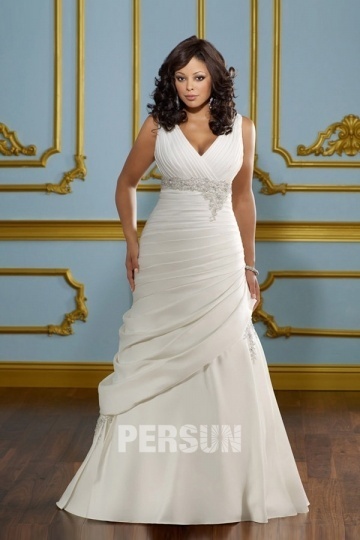 Beading Ruched Wrap Satin A-line Plus Size Wedding Dress