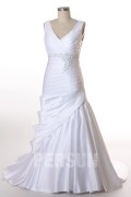 Beading Ruched Wrap Satin A line Plus Size Wedding Dress