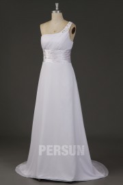 Simple Chiffon One Shoulder Beading Ruched A-line Beach Wedding Dress