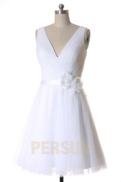 A line V neck Ribbon Short Tulle Wedding Dress