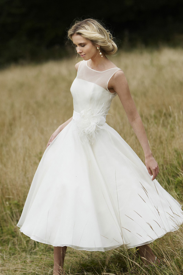 Sheer Applique Round Neck Short Organza Ball Gown Wedding Dress