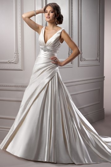 Elegant Ruching Beaded V neck Satin Trumpet Wedding Dress Dressesmall