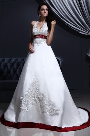 Halter Beading Embroidery Satin Chapel A line Bridal Gown Wedding Dresses