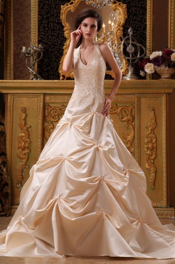 Satin Applique & Beading Halter Chapel A-Line Bridal Gown Wedding Dress