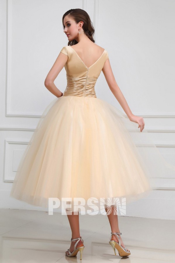 Champagne V Neck Embroidery Tea Length Tulle Formal Gown