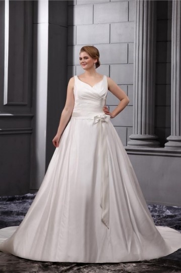 Satin V neck Empire Sweep Plus Size Wedding Dresses