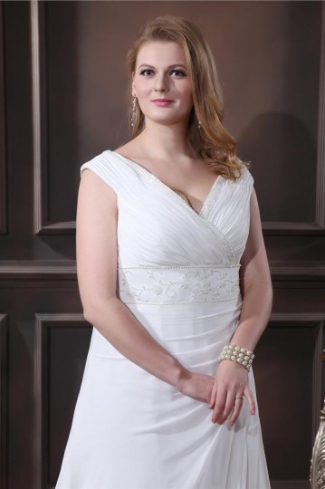 Elegant Chiffon V-Neck Chapel Train A-line Bridal Plus Size Wedding Dress
