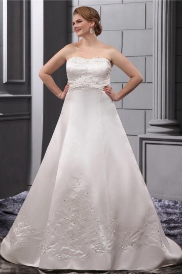 Elegant Strapless Floor Length Satin Embrpoidery Court Plus Size Bridal Wedding Dresses