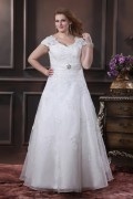 Organza Applique Beading V Neck Floor Length Plus Size Bridal Gown Wedding Dress
