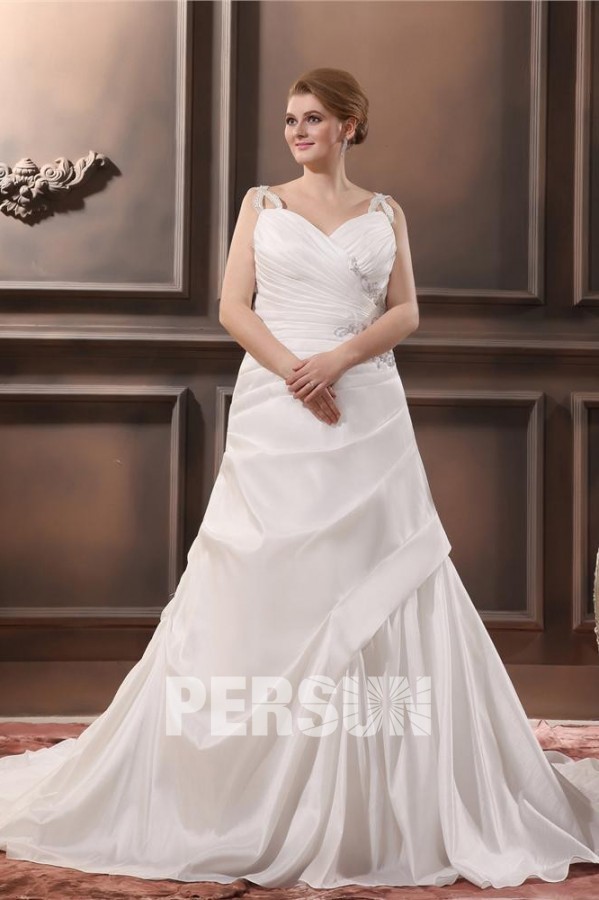 Taffeta white Beading V Neck Court Plus Size Bridal Gown Wedding Dress