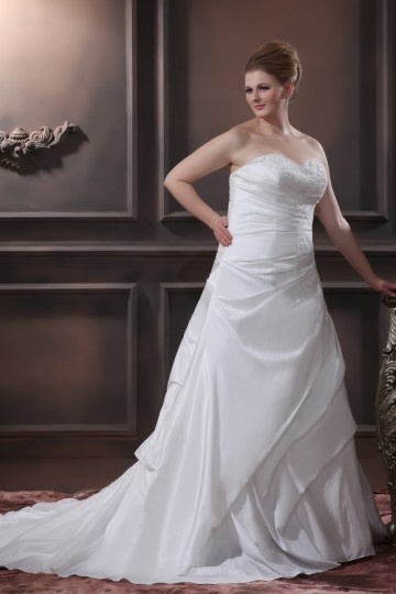 A Line Strapless Sweep Taffeta Embroidery Bead Plus Size Bridal Gown