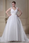Applique Beading Organza V Neck Court Plus Size Bridal Gown Wedding Dresses