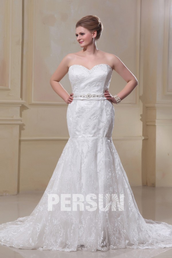 Trumpet Strapless Sweep Satin Lace Plus Size Wedding Dress