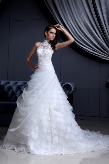 High Neck Lace Beading Chapel A-Line Bridal Gown Wedding Dress