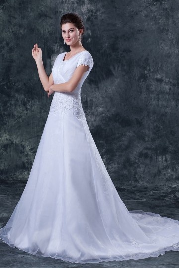 Dressesmall Beaded Applique Organza Shoulder Straps Chapel A line Wedding Dress