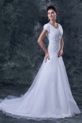 Beaded Applique Organza Shoulder Straps Chapel A line Bridal Gown Wedding Dress
