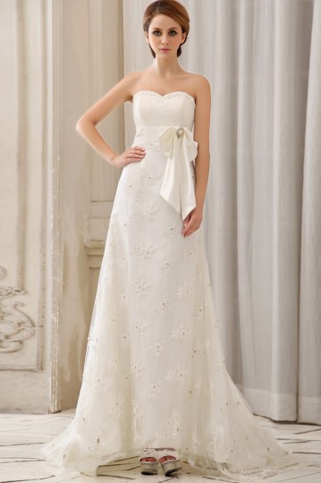 Hayle Lace Beaded Applique Strapless Chapel Bridal Gown Wedding Gown