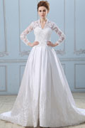 Satin Lace Mandarin Collar Chapel A line Bridal Gown Wedding Dress