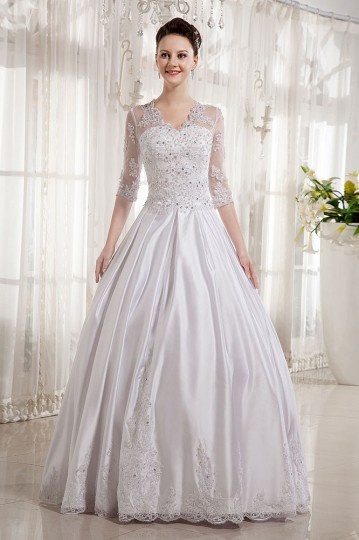 Dressesmall Satin V Neck Applique Chapel Train A line Wedding Dress