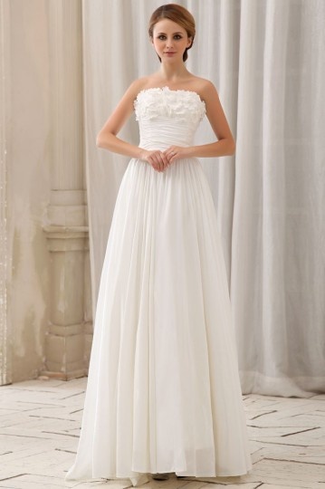 Elegant Solid Slim Ruffle Applique A Line Strapless Court Train Chiffon Wedding Dress
