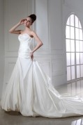Satin Beading Ruffle Applique Strapless Chapel A line Bridal Gown Wedding Dress