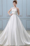 One Shoulder Lace Applique Satin Wedding dress with Bow