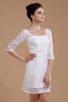 Lace Square Neck Three Quarter Sleeve Short Formal Gown
