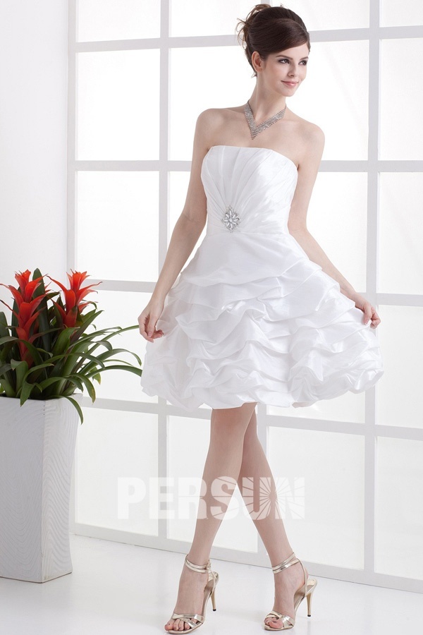 Simple Strapless Rhinestone Taffeta Short Formal Gown
