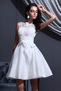 Short White Classic Bateau Empire Sash Destination Bridal gown