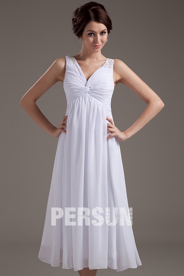 Chiffon V neck Tea Length Formal Gown Persun