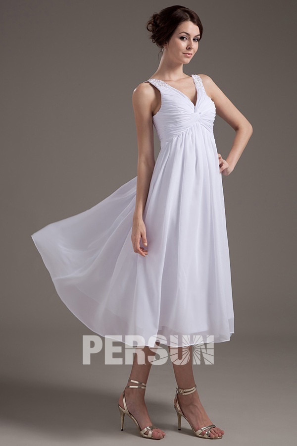 Chiffon V neck Tea Length Formal Gown Persun