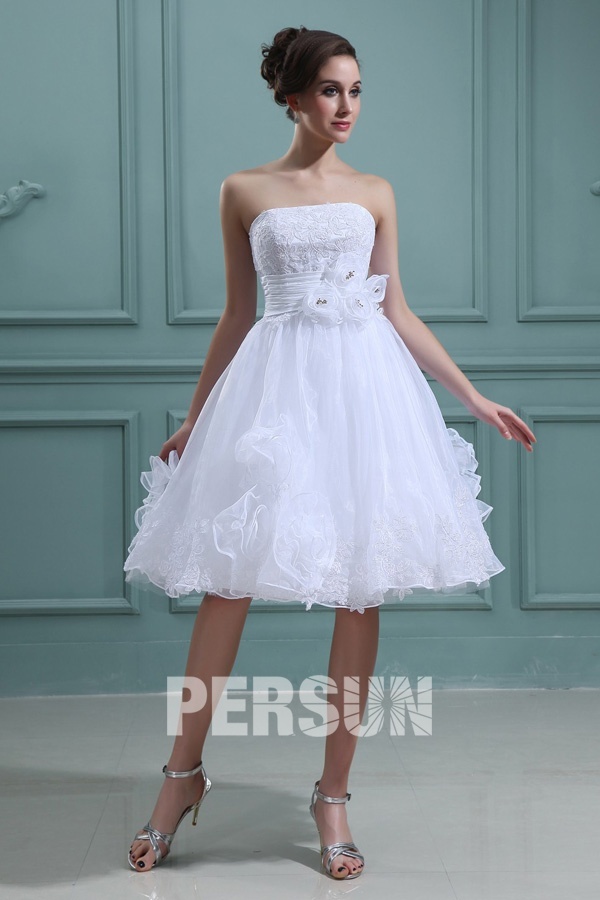 Simple Organza Strapless Flowers Short Formal Gown